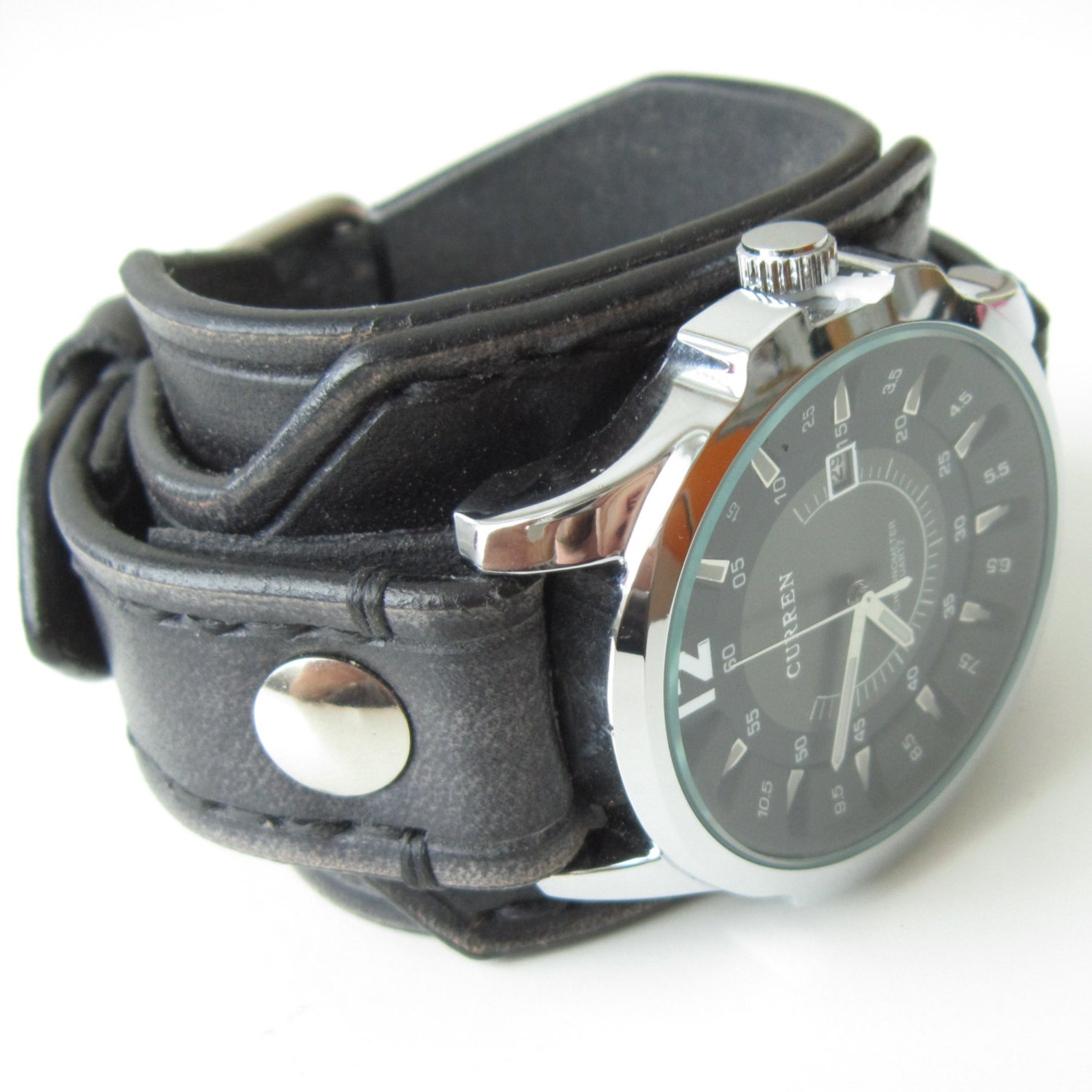Black Leather Watch Cuff Men's Watch Leather Wrist Watch Etsy
