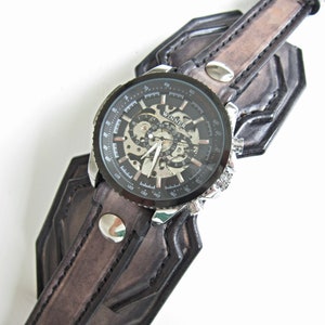 Montre en cuir Steampunk, manchette de montre en cuir, montre bracelet, montre-bracelet Steampunk, montre en cuir pour hommes, montre personnalisée image 6