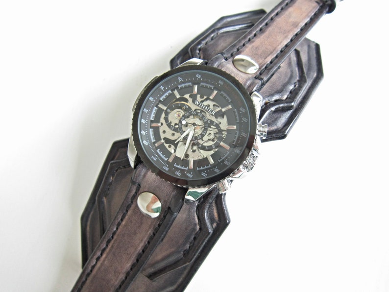 Montre en cuir Steampunk, manchette de montre en cuir, montre bracelet, montre-bracelet Steampunk, montre en cuir pour hommes, montre personnalisée image 6