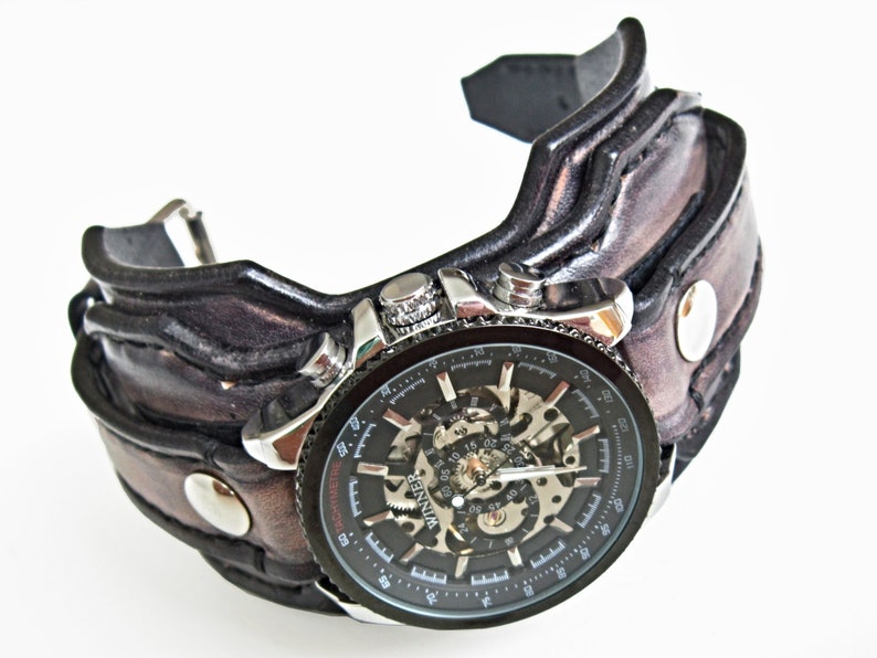 Montre en cuir Steampunk, manchette de montre en cuir, montre bracelet, montre-bracelet Steampunk, montre en cuir pour hommes, montre personnalisée image 1
