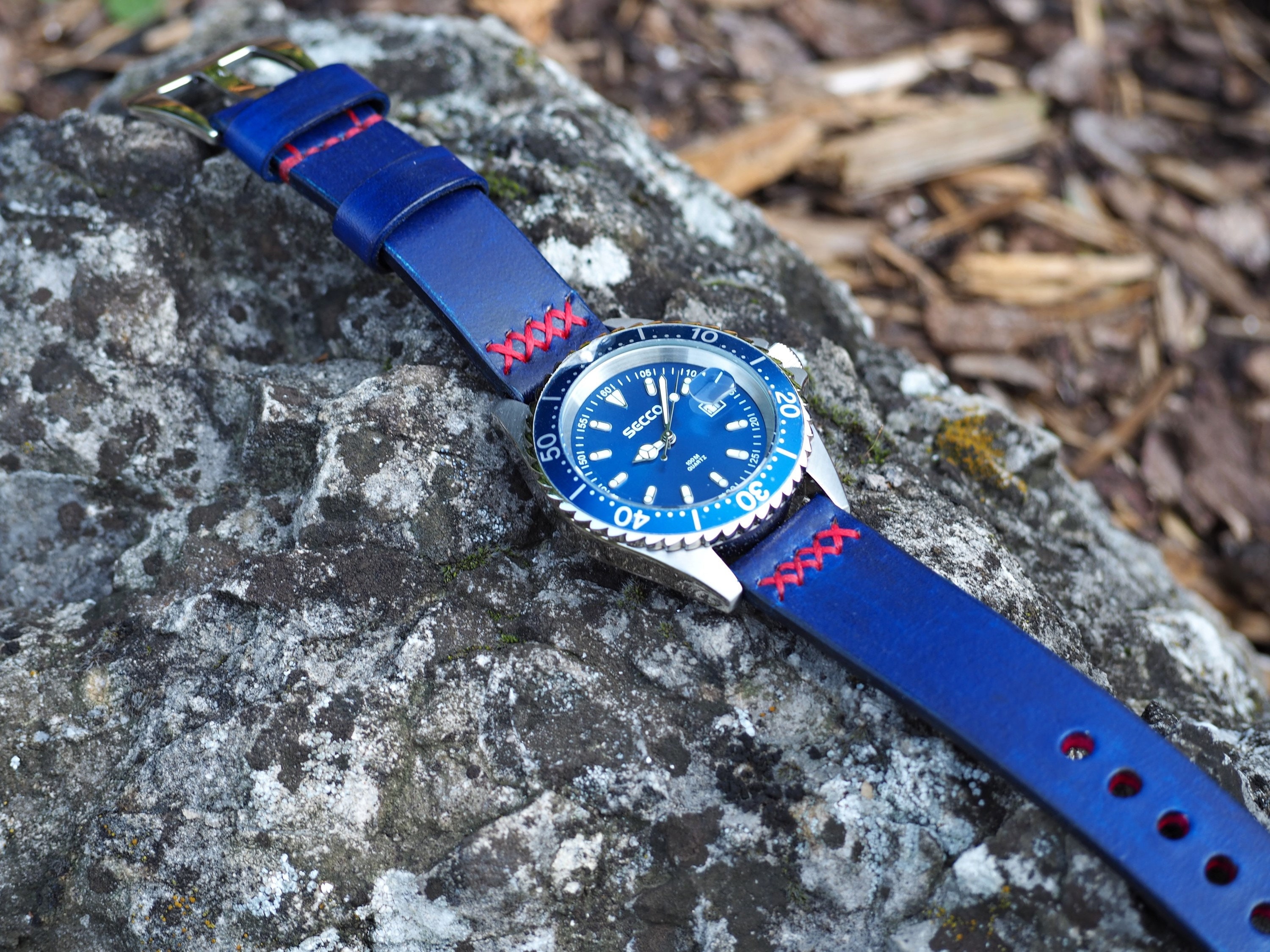 Blue watch strap with red stitching sale