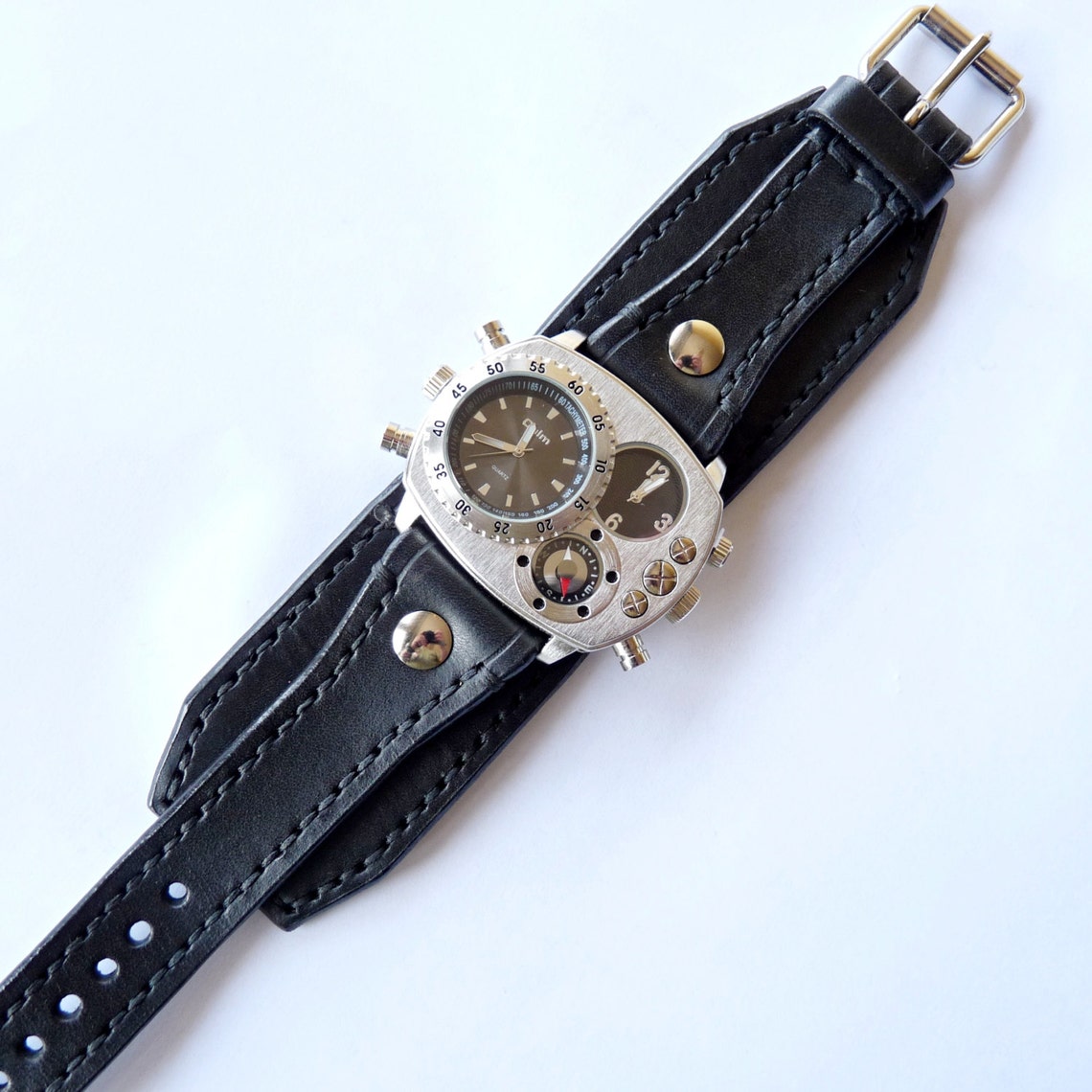 Steampunk Leather Cuff Watch Handmade Bracelet Watch Dual Etsy