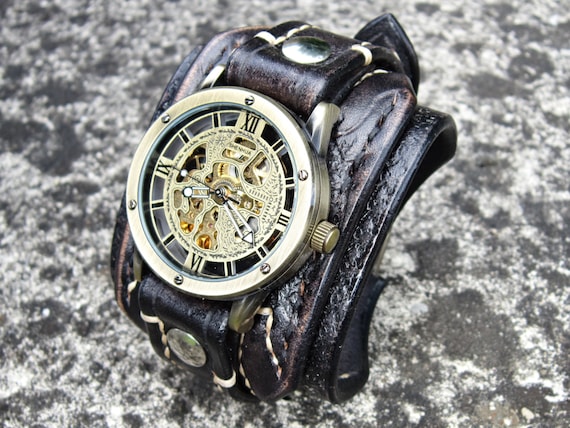 Mens Steampunk Watch, Leather Bracelet, Black Leather Watch -  Norway