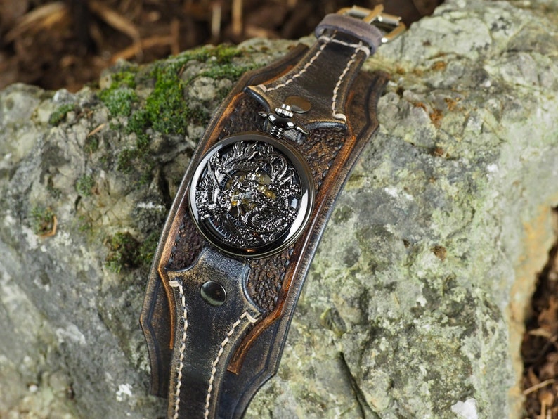 Steampunk Pocket Watch, Wrist Watch, Vintage Black and Brown, Dragon Watch, Leather Watch Cuff, Men's Jewellery image 6