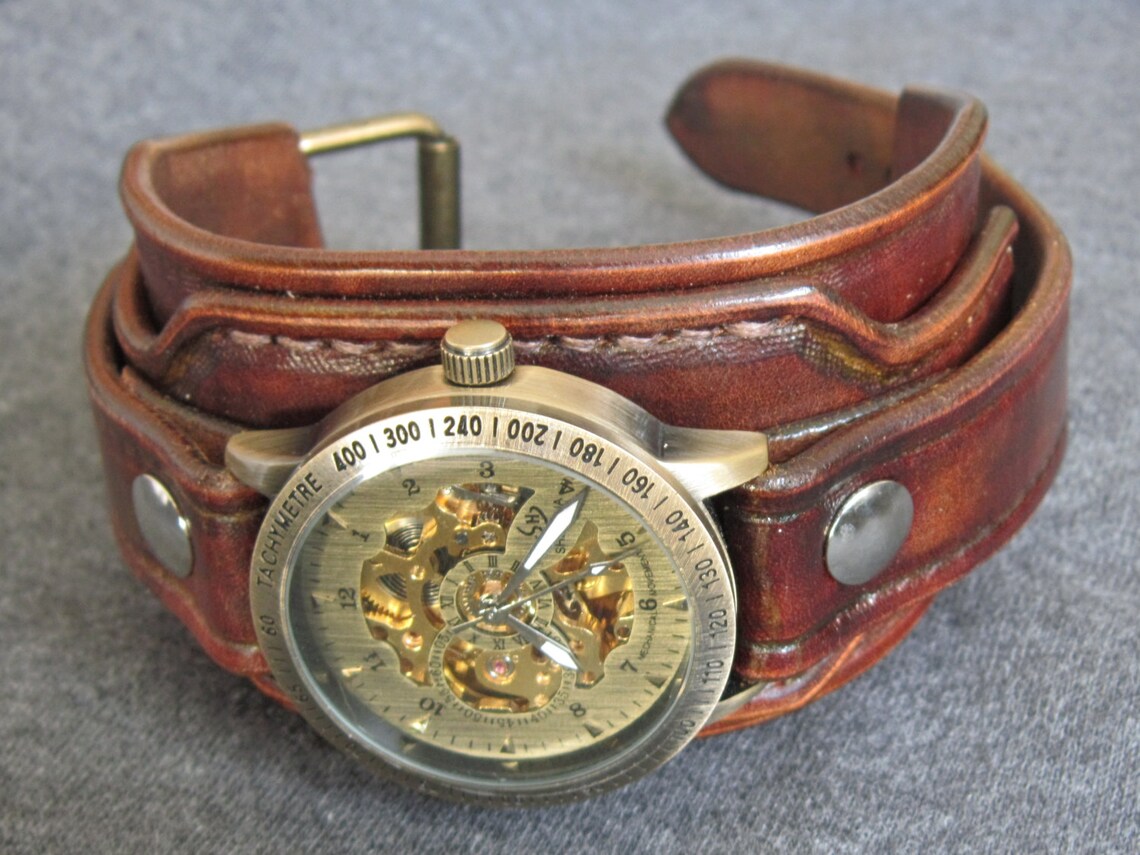 Mens Leather Watch Cuff Handmade Brown Etsy