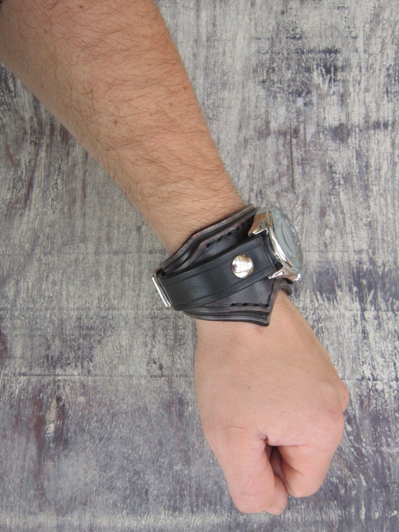 Unique Watch Black Leather Watch Men's Cuff Watch Etsy