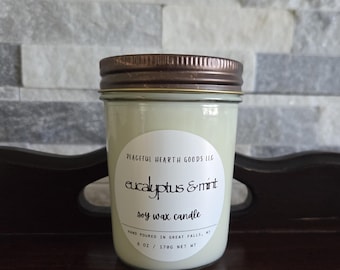 Eucalyptus and Mint Soy Candle| Half-pint Jar Candle|Hand Poured Candle