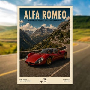 May include: A vintage-style poster featuring a red Alfa Romeo sports car on a winding mountain road. The text reads ALFA ROMEO, INNOVATION. POWER. PURE ITALIAN PASSION., PURE DESIGN. PURE PERFORMANCE., and MILAN, ITALY SINCE 1910 with the logo.