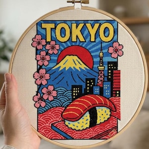 東京寿司クロスステッチパターン、富士山桜刺繍デザイン（PDFダウンロード）