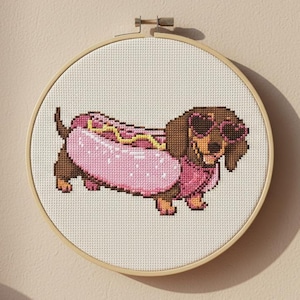 Dachshund Cross Stitch Pattern, Pink Hot Dog Dog Lover PDF Chart (Digital Download)