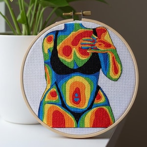 Puede incluir: Un bordado de punto de cruz en un aro de madera representa una forma humana estilizada con un esquema de color de imagen térmica. La figura lleva un bikini negro. La paleta de colores va del azul al rojo.