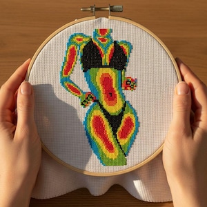 Puede incluir: Bordado de punto de cruz de una figura en bikini negro, representado en una combinación de colores de imagen térmica de rojo, amarillo, verde y azul. La obra de arte está estirada dentro de un bastidor de bordado de madera.