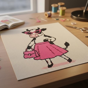 Fashion Cow Cross Stitch Pattern, Pink Cowgirl Outfit, Stylish Animal Chart (PDF Download)