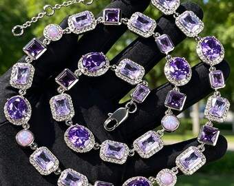 Naszyjnik z fioletowymi kamieniami szlachetnymi o średnicy 10 mm, geometryczny, masywny choker, pozłacany łańcuszek z ogniwami, luksusowa, błyszcząca biżuteria hip-hopowa, prezent dla niego i dla niej