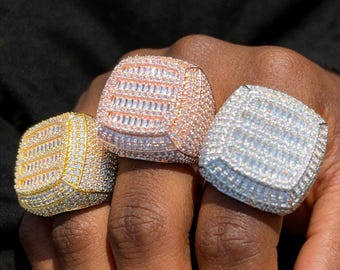 Square Ring for Men, Bling Hip Hop Baguette Cut Ring, Iced Out Statement Band, Rapper Streetwear Jewelry, Birthday Gift for Husband