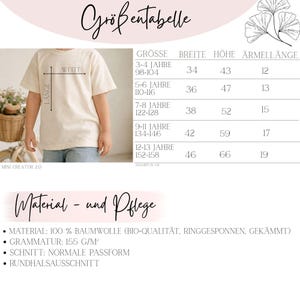 May include: A child wearing a cream-colored t-shirt. The image includes a size chart in German with measurements in centimeters, detailing sizes for children aged 3-13 years. The chart also lists material and care instructions.