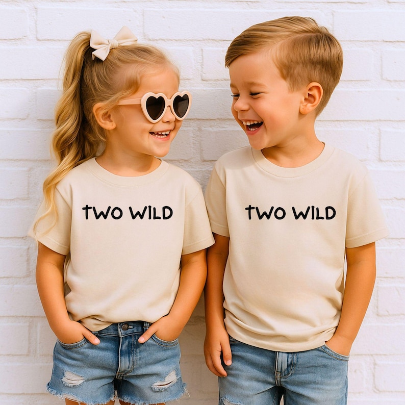 May include: Two children wearing matching beige t-shirts with the words "TWO WILD" in black. The girl is wearing heart-shaped sunglasses and a bow in her hair. Both children are smiling and wearing denim shorts.