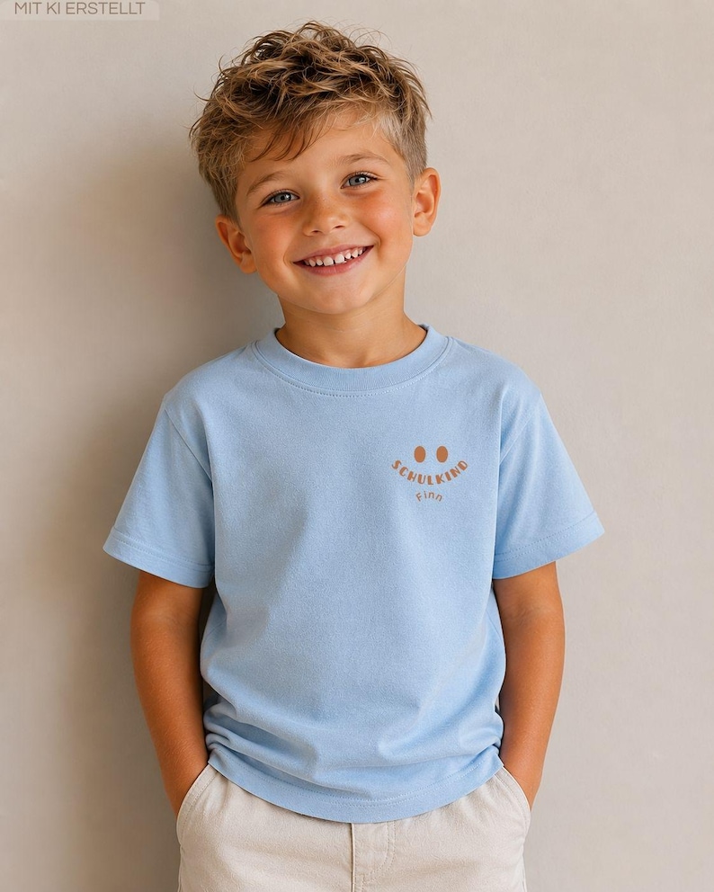 Könnte beinhalten: Ein hellblaues T-Shirt mit kurzen Ärmeln und einem braunen Grafikdruck eines lächelnden Gesichts, ergänzt durch den Schriftzug "SCHULKIND" und den Namen "Finn" auf der Brust. Das T-Shirt hat einen Rundhalsausschnitt und eine helle Hose.