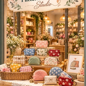 Peut inclure: Une vitrine présentant diverses petites pochettes zippées aux motifs floraux, vichy et matelassés. L'enseigne au-dessus indique Pattern & Thread Studio. Les pochettes sont disposées sur des étagères en bois et dans un panier en osier avec des pièces.