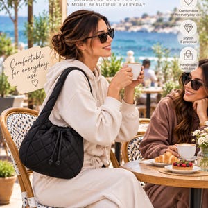 May include: A black quilted shoulder bag with a drawstring closure and a single strap. The bag features a diamond-stitched pattern and is displayed alongside text that reads Pattern & Thread Studio, Handmade bags for a more beautiful everyday.