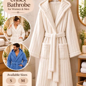 May include: A white hooded bathrobe with a vertical ribbed texture, long sleeves, two front pockets, and a matching tie belt. The image includes text reading Pattern & Thread Studio, Unisex Bathrobe for Women & Men, and Available Sizes S, M, L, XL.