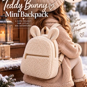 Puede incluir: Una mini mochila de tela de peluche beige con dos orejas de conejo erguidas en la parte superior, un bolsillo frontal con cremallera y herrajes dorados, y correas ajustables. El texto en la imagen dice Pattern & Thread Studio, Teddy Bunny Mini Backpack, A cute project for little, big adventures y Sew Your Own Happiness.