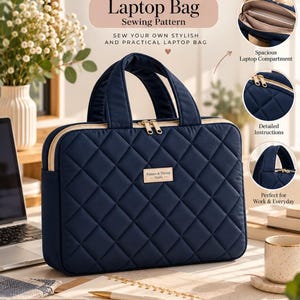 Pode incluir: Um molde de costura para pasta de portátil acolchoada em azul-marinho da Pattern & Thread Studio. O design apresenta uma forma retangular com duas alças, um fecho dourado e uma pequena etiqueta retangular da marca na parte frontal.