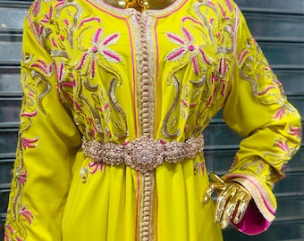 Luxury Yellow Moroccan Takchita - Handmade Embroidered Kaftan with Beads & Sequins, Traditional Caftan Dress, High-end Moroccan Outfit