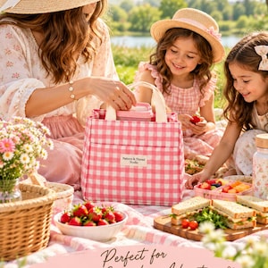 Peut inclure: Un sac à déjeuner carré avec un motif vichy rose et blanc et deux anses en tissu crème. Une étiquette rectangulaire blanche sur le devant affiche le texte Pattern & Thread Studio. Le sac possède une poche avant et un récipient à couvercle rose.