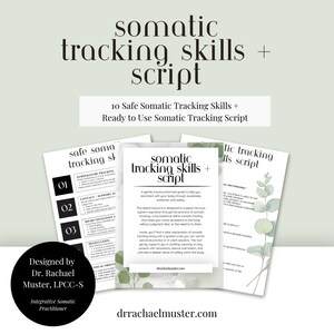 以下が含まれることがあります： 「somatic tracking skills + script」と「10 Safe Somatic Tracking Skills + Ready to Use Somatic Tracking Script」というテキストが入った、明るい緑色のグラフィック。テキストとイラストが描かれた3枚の白いページが表示されています。左下にはテキストが入った黒い円があります。