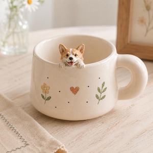 Könnte beinhalten: Eine cremefarbene Keramiktasse mit einer dreidimensionalen Corgi-Hundefigur, die über den Rand schaut. Die Außenseite ist mit einem kleinen orangefarbenen Herz, einer gelben Blume, einem grünen Blattstiel und schwarzen Punkten verziert.