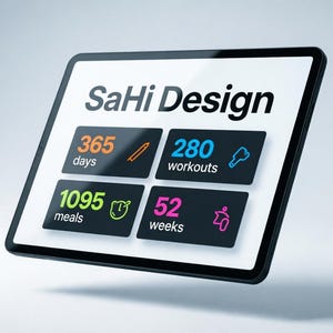 May include: A black tablet displays the text "SaHi Design" and data visualizations. The screen shows metrics for days, workouts, meals, and weeks, with colourful icons and numbers. The tablet is angled against a light background.