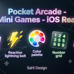 Puede incluir: Imagen promocional de "Pocket Arcade" con cinco iconos de minijuegos: tarjetas de memoria, un rayo, una paleta de colores, una cuadrícula numérica y un alienígena de píxeles. También está presente el texto "iOS Ready".