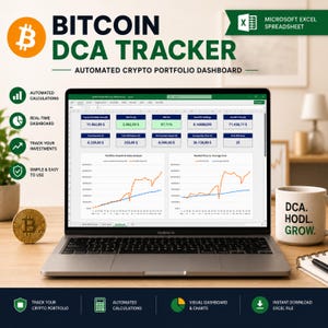 May include: A laptop displaying a Bitcoin DCA Tracker Microsoft Excel spreadsheet with automated crypto portfolio dashboard data, including charts, financial metrics, and tables. A gold Bitcoin coin and a mug with the text DCA. HODL. GROW. are visible.