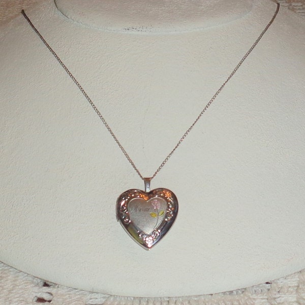 Stamped Signed R 925 "MOM" Heart with Rose Flower Locket on Sterling Silver Chain Necklace