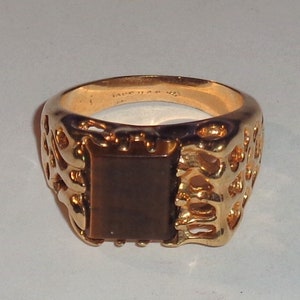 Hallmarked 18KT HGE Gold Electroplate Filigree Square Tigers Eye Size 11 Vintage Costume Ring