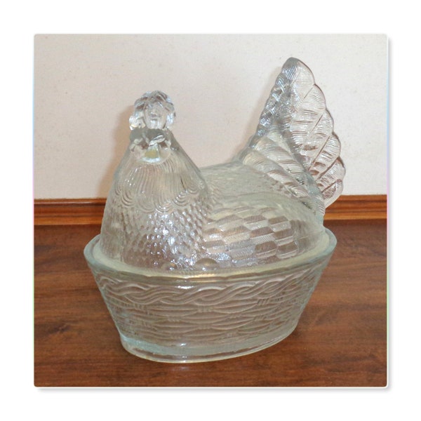 Large Clear Glass Nesting Hen on Nest Split Tail Basketweave Style Base Covered Candy Dish