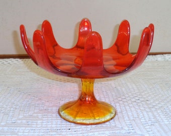 Viking Glass Orange, Yellow MCM Stretched Art Glass Vintage Pedestal Compote