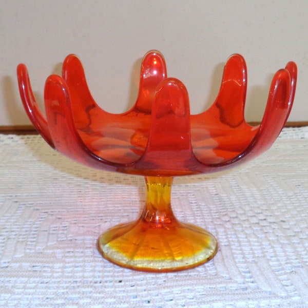 Viking Glass Orange, Yellow MCM Stretched Art Glass Vintage Pedestal Compote
