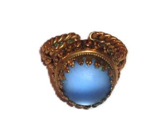 Signed Stamped WEST Light Blue Frosted Glass Cabochon Stone, Rope Twist Band Size 8 Adjustable West Germany Ring