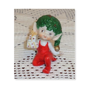 Rare Vintage Pointy Ear Pixie Elf Holding Presents, Holly Berry Hat Figure Figurine