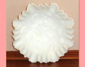Vintage Imperial Glass White Milk Glass ROSES Ruffled Crimped Edge Bowl