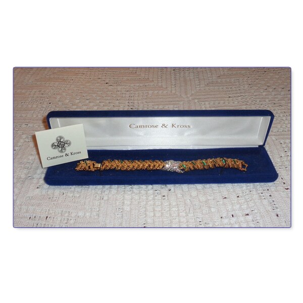 Camrose Kross JBK Jacqueline Kennedy Gold Plated Green & Clear Rhinestones Bracelet in Original Box