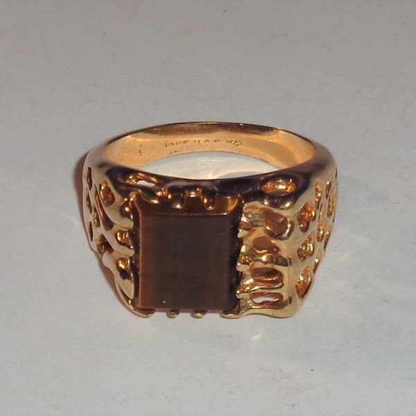 Hallmarked 18KT HGE Gold Electroplate Filigree Square Tigers Eye Size 11 Vintage Costume Ring