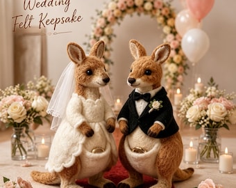 Adorno para pastel de boda con forma de canguro portador de anillos, pareja hecha a mano en fieltro con aguja y bolsa para anillos, recuerdo de boda personalizado.