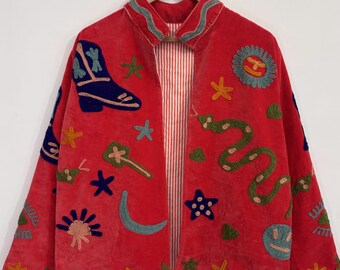 Red Embroidered Statement Jacket Playful Motif Embroidered Open Jacket trending jacket coat boho hippie jacket coat fashion week jacket coat