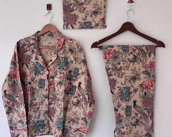 Floral Bird Print Pajama Set, Nightwear Cotton set