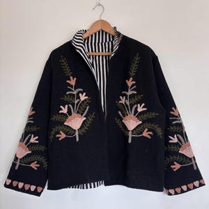 Black TNT Coat, Handmade Suzani TNT Jacket, Embroidered Boho Coat