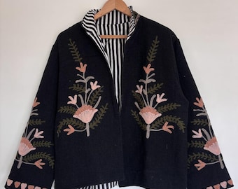 Black TNT Coat, Handmade Suzani TNT Jacket, Embroidered Boho Coat