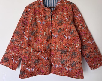 Handmade Cotton Quilted Jacket: Reversible Boho Kimono, Jacket in Orange